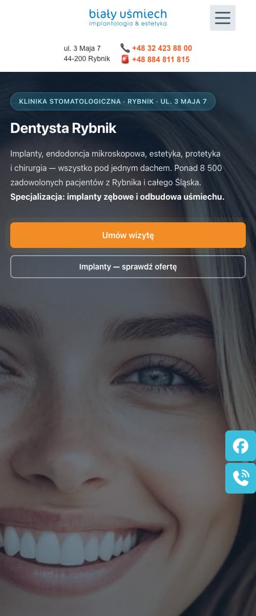Strona internetowa kliniki stomatologicznej — widok mobilny z rezerwacją wizyt
