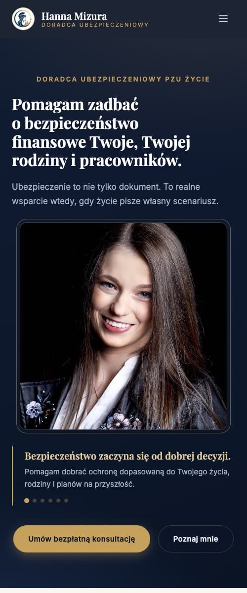 Strona internetowa dla doradcy ubezpieczeniowego, widok mobilny z portretem i przyciskiem bezpłatnej konsultacji