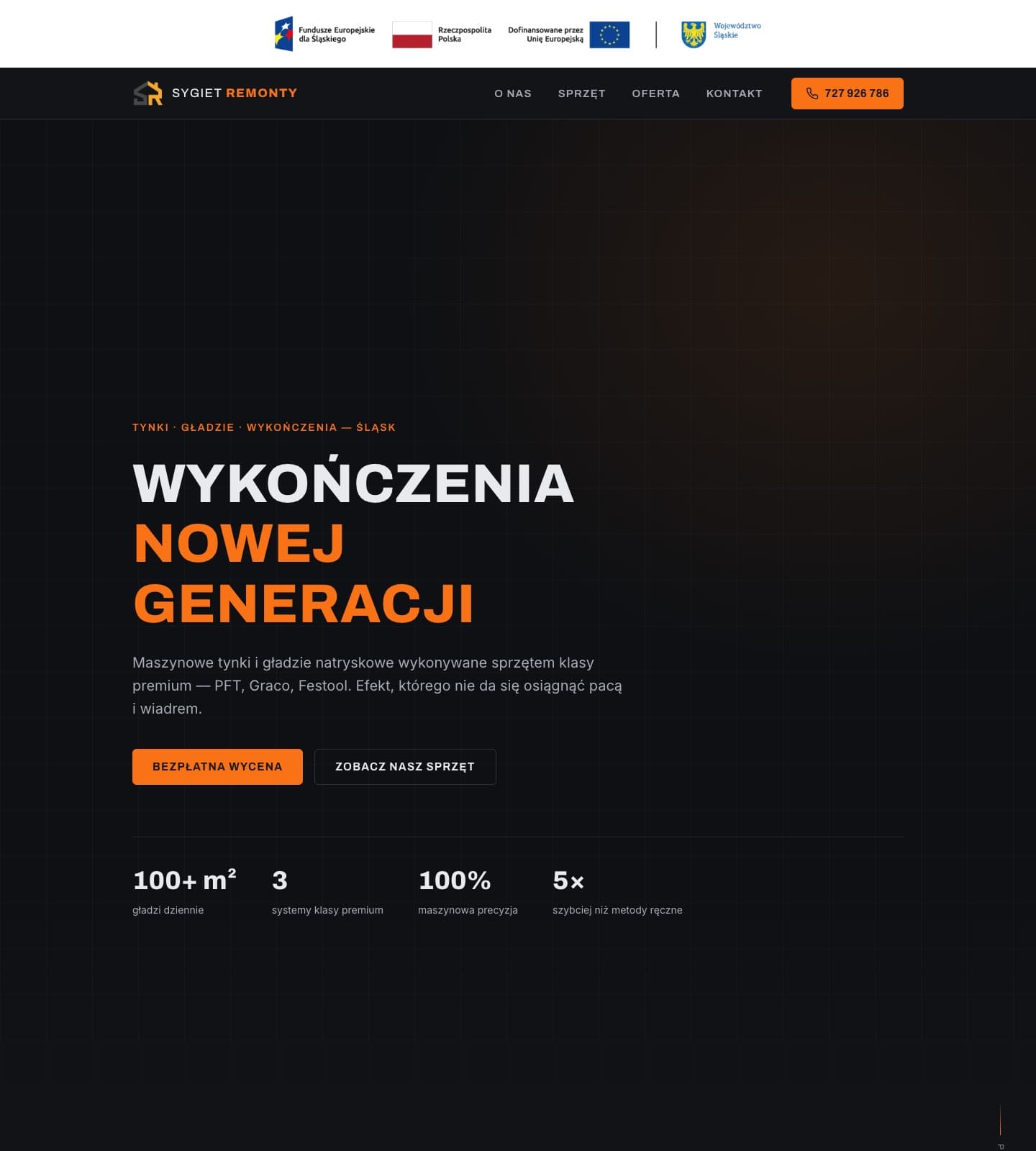 Strona internetowa firmy remontowej Sygiet Remonty, widok na komputerze: hero z hasłem i liczbami