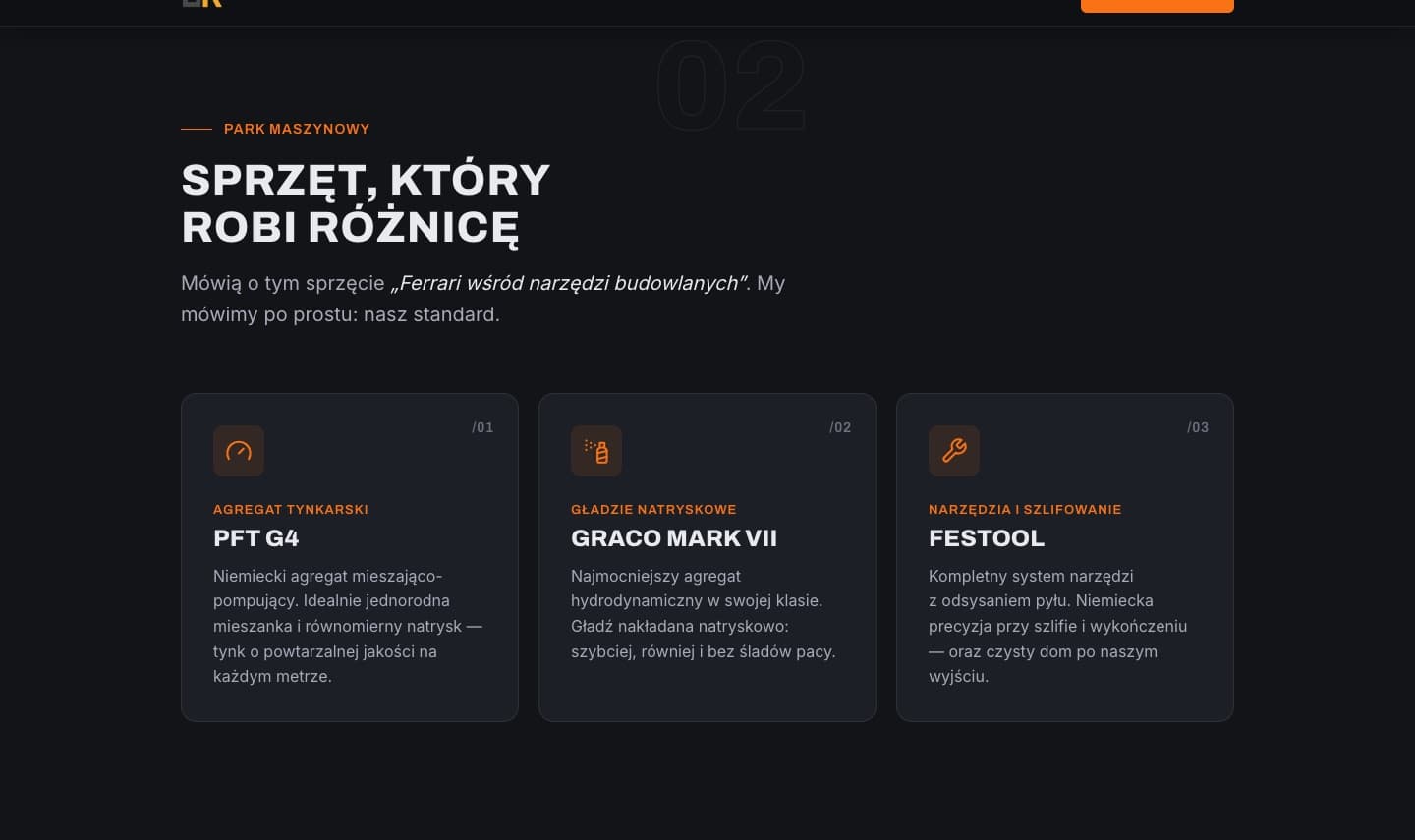 Sekcja park maszynowy na stronie firmy remontowej: agregat PFT G4, Graco Mark VII i narzędzia Festool