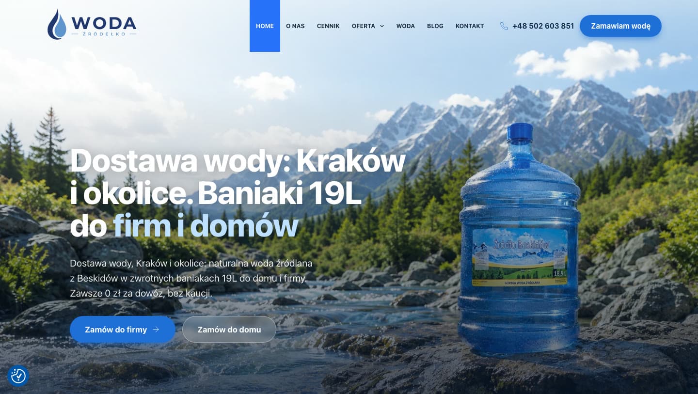 Strona internetowa dostawcy wody źródlanej Woda Źródełko — widok na komputerze