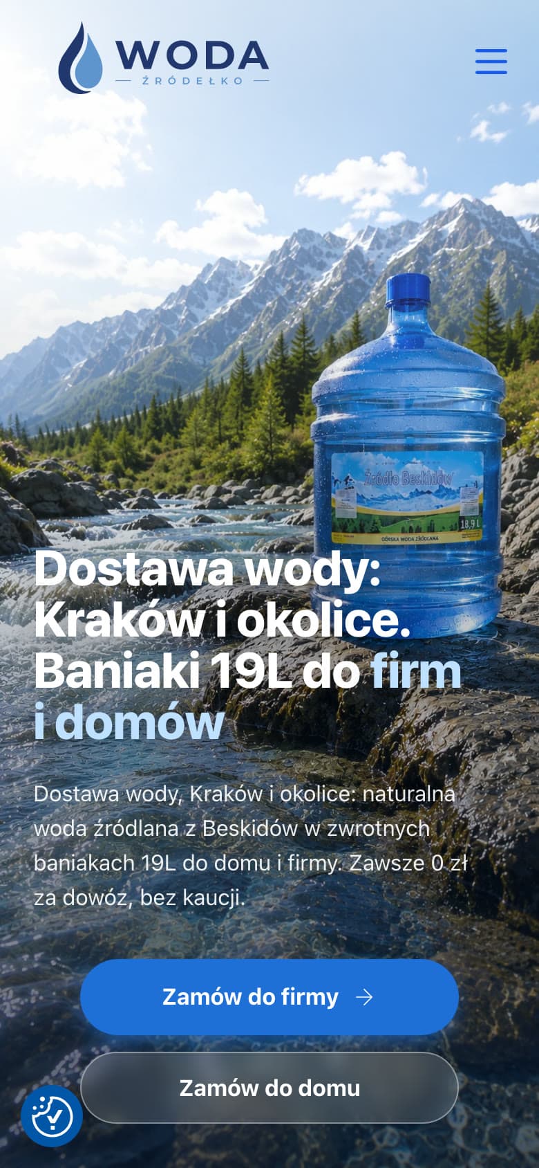 Strona internetowa firmy dostarczającej wodę w baniakach — widok mobilny